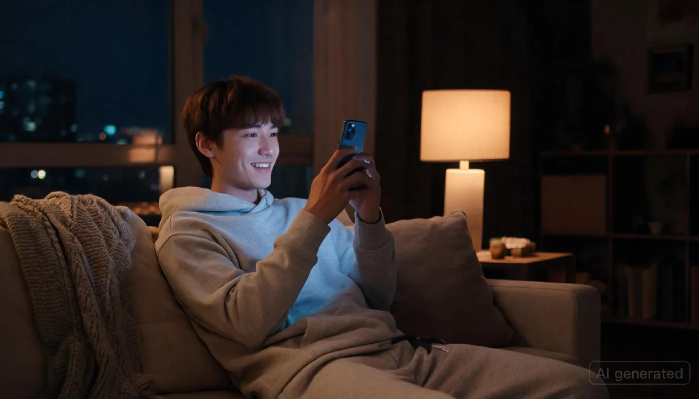 Why people use AI girlfriends, man relaxed at home engaged with his phone, warm light