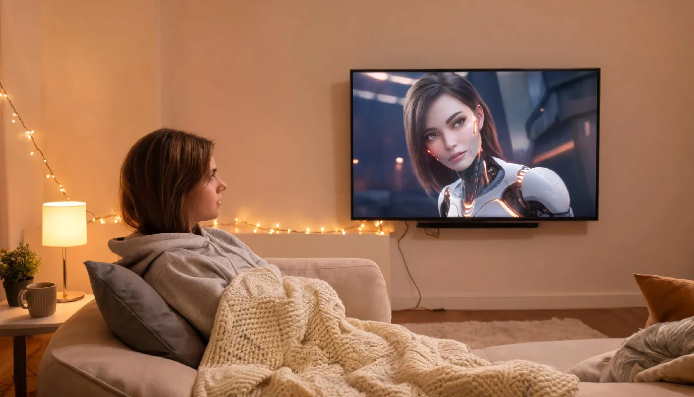 Cultural influences on female AI, woman watching a sci-fi film with an AI character on screen