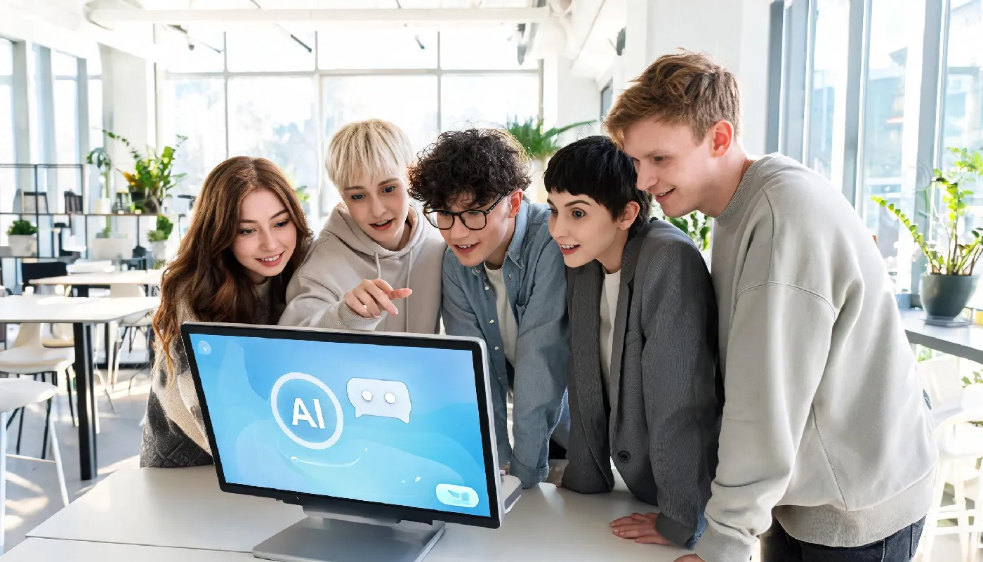 The future of AI gender, diverse group of young adults gathered around a modern smart device