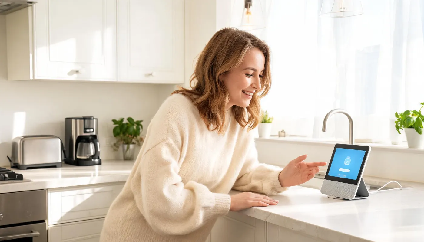 The history of female AI representation, woman portrayed as a warm AI assistant in a modern home