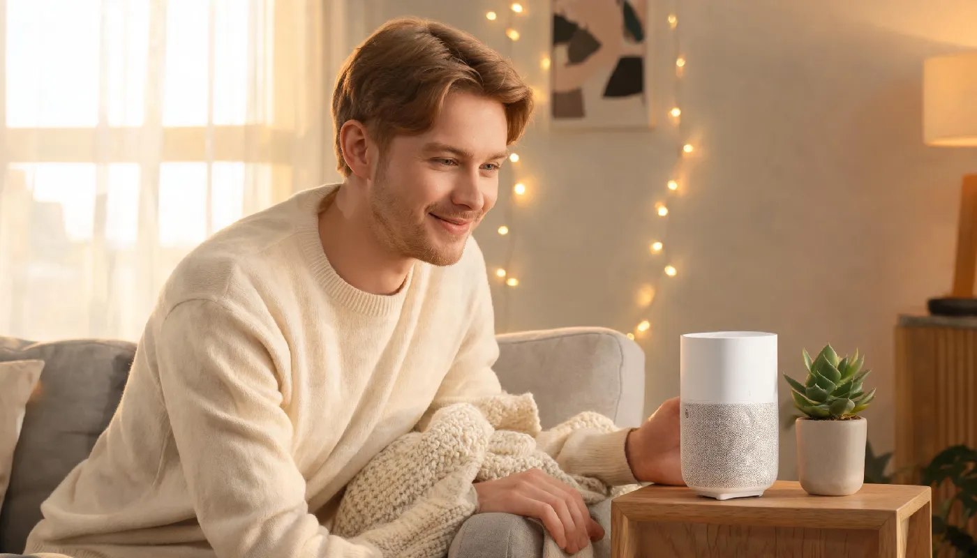 Psychological factors behind female AI preference, man comfortably interacting with a smart home AI device